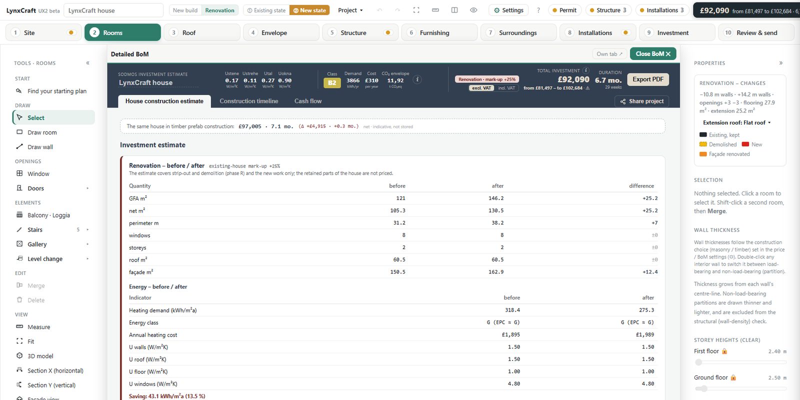 Lynx estimate view with the change list